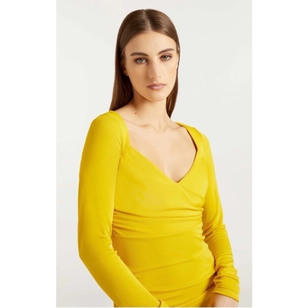 NEW! Cinq A Sept- Yellow Long Sleeve Ruched V Neck Miah Mini Dress NWOT - Picture 4 of 10